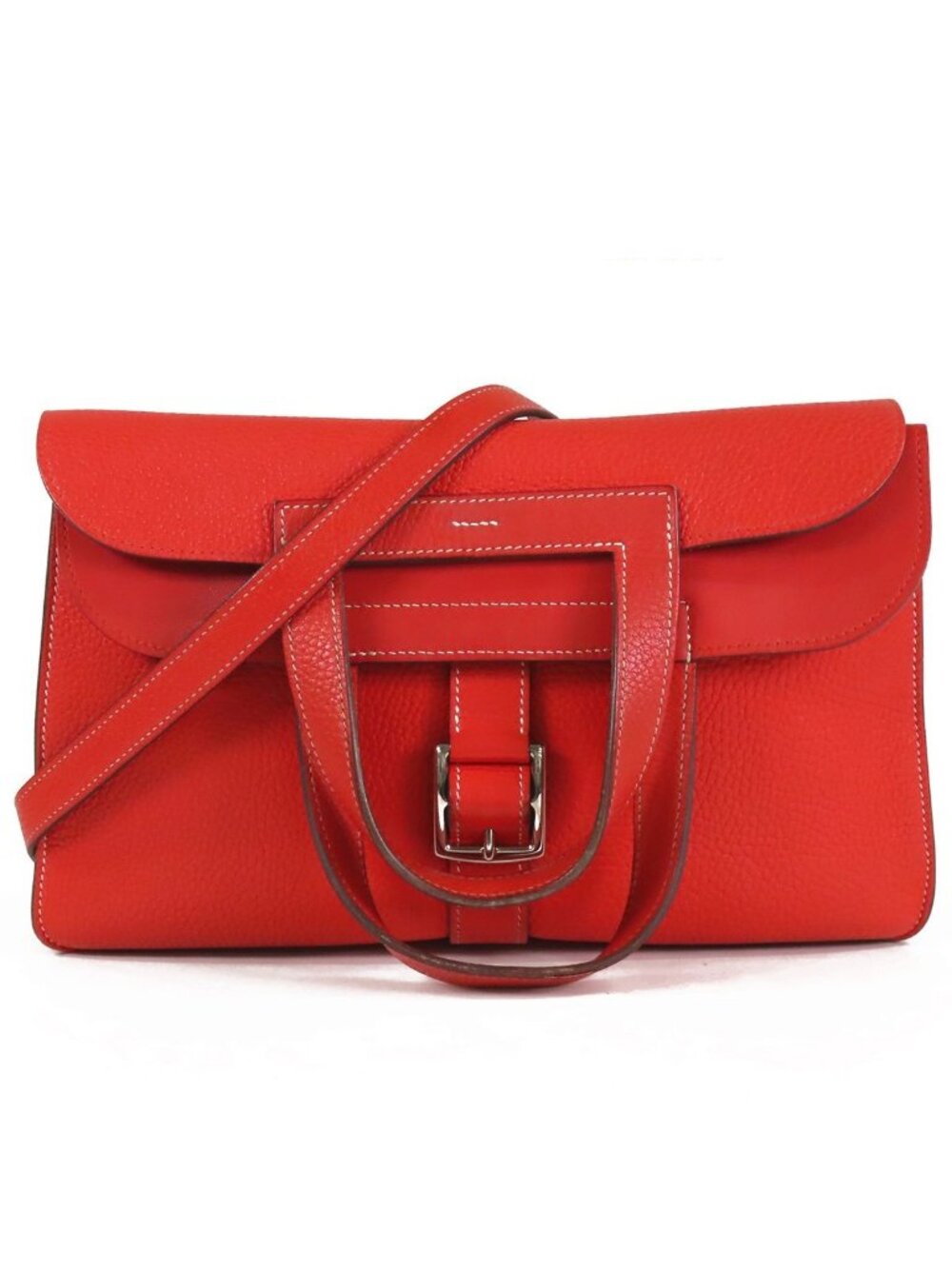 Hermes Halzan 31 Rouge Casaque Silver Taurillon Clemence 2-Way Shoulder Bag